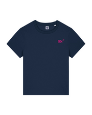 T-shirt brodé Saint Nazaire SN - Bleu Marine et Rose - Femme - Quartier iodé