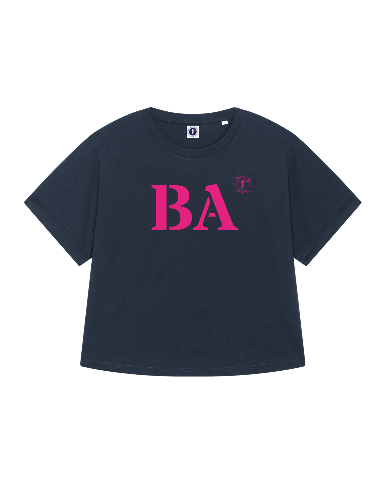 Tshirt Oversized bleu rose, de la marque Quartier iodé. Imprimé BA pour faire rayonner Bayonne. Idéal pour femme, style chic décontracté.