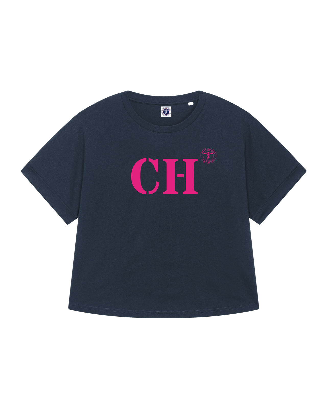 Tshirt Oversized bleu rose, de la marque Quartier iodé. Imprimé CH pour Cherbourg. Idéal pour femme, style chic décontracté.