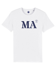 Quartier iodé, Tshirt moderne MA pour Marseille, Hommes et femmes. Blanc et bleu en coton bio. Collection mon quartier maritime.