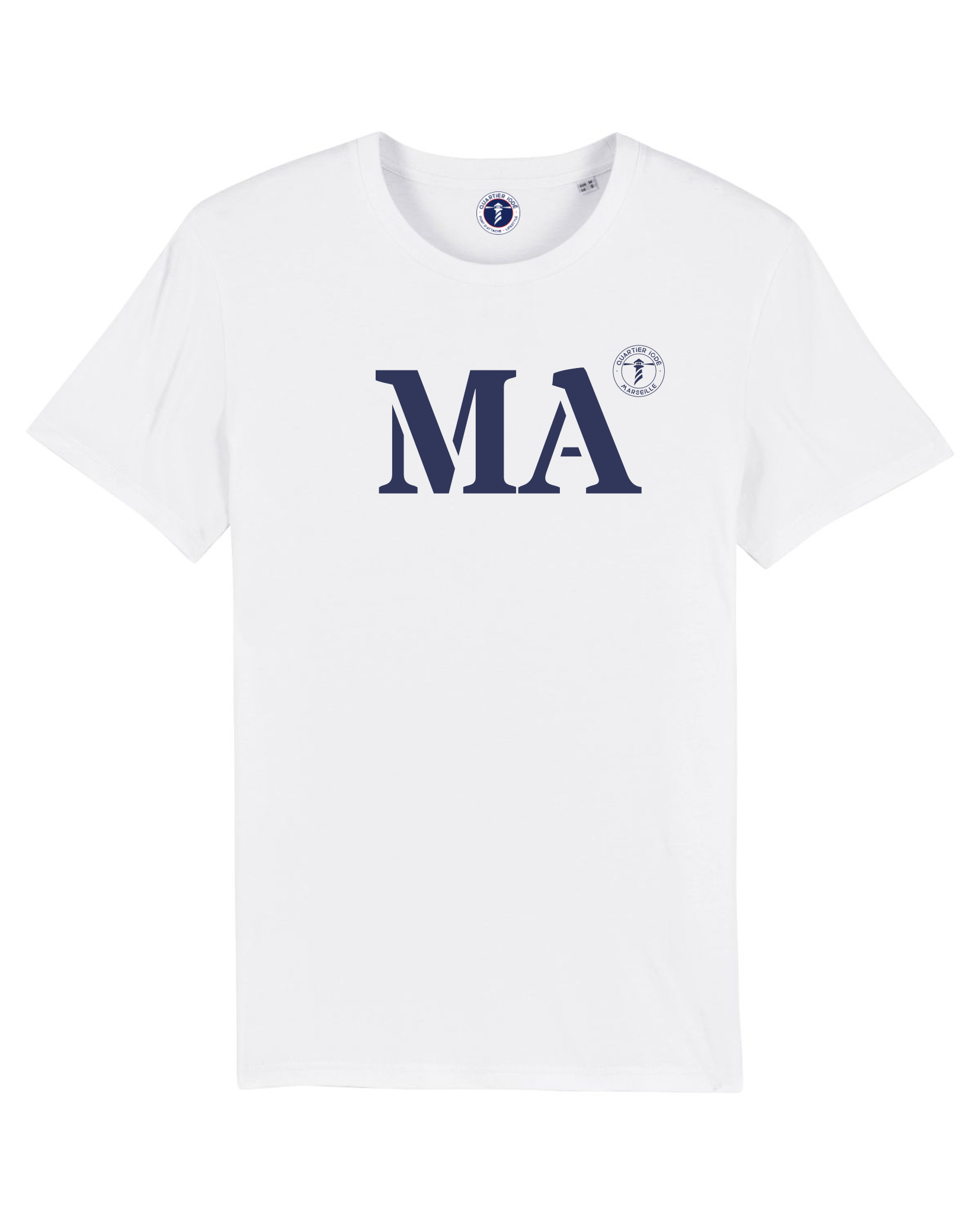 Quartier iodé, Tshirt moderne MA pour Marseille, Hommes et femmes. Blanc et bleu en coton bio. Collection mon quartier maritime.