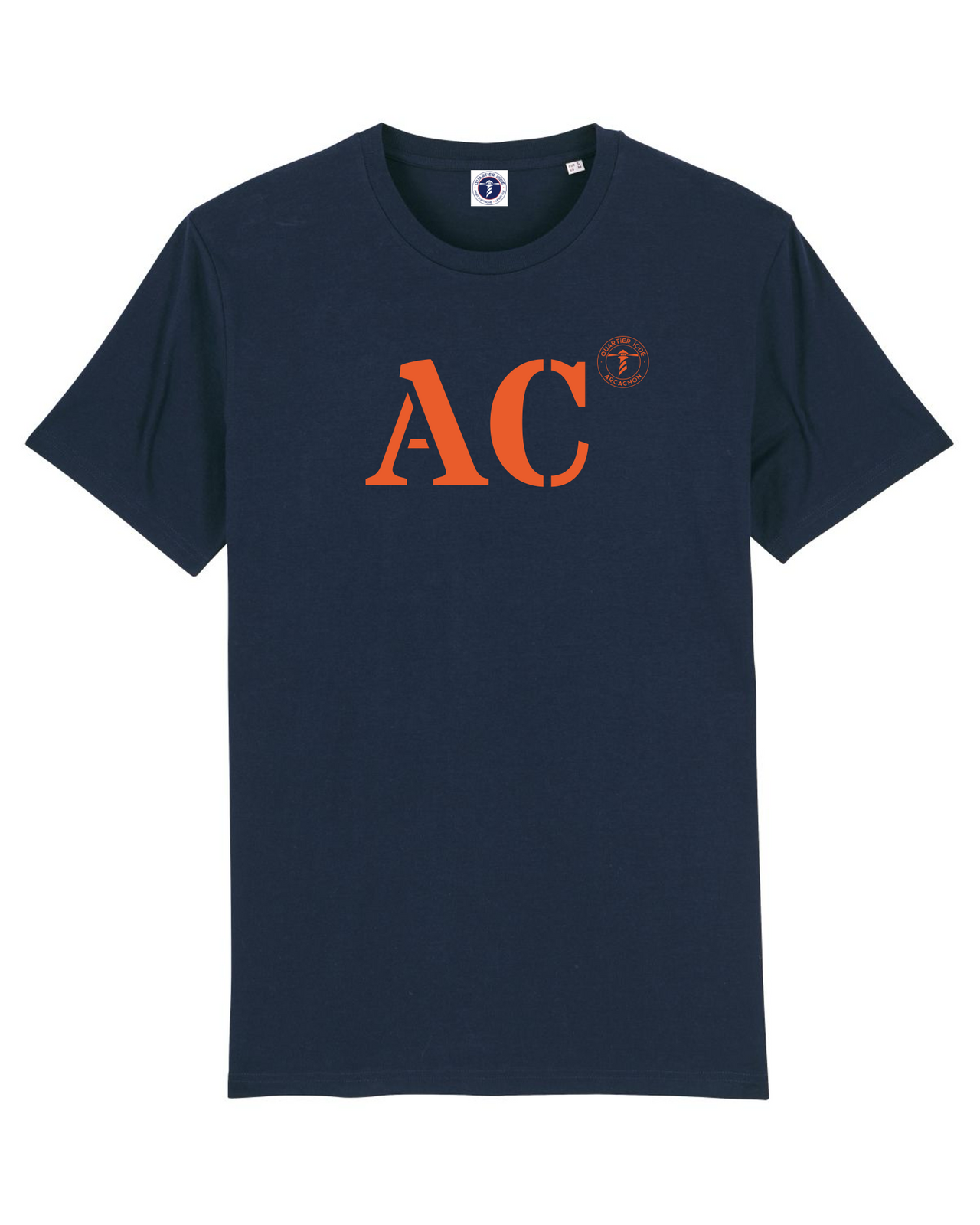 Quartier Iodé, Tshirt moderne AC pour Arcachon, Hommes et femmes. Marine et Orange. Collection mon quartier maritime.