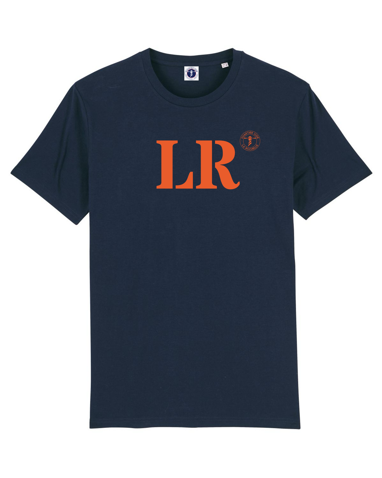 Quartier Iodé, Tshirt moderne LR pour La Rochelle, Hommes et femmes. Marine et Orange. Collection mon quartier maritime.