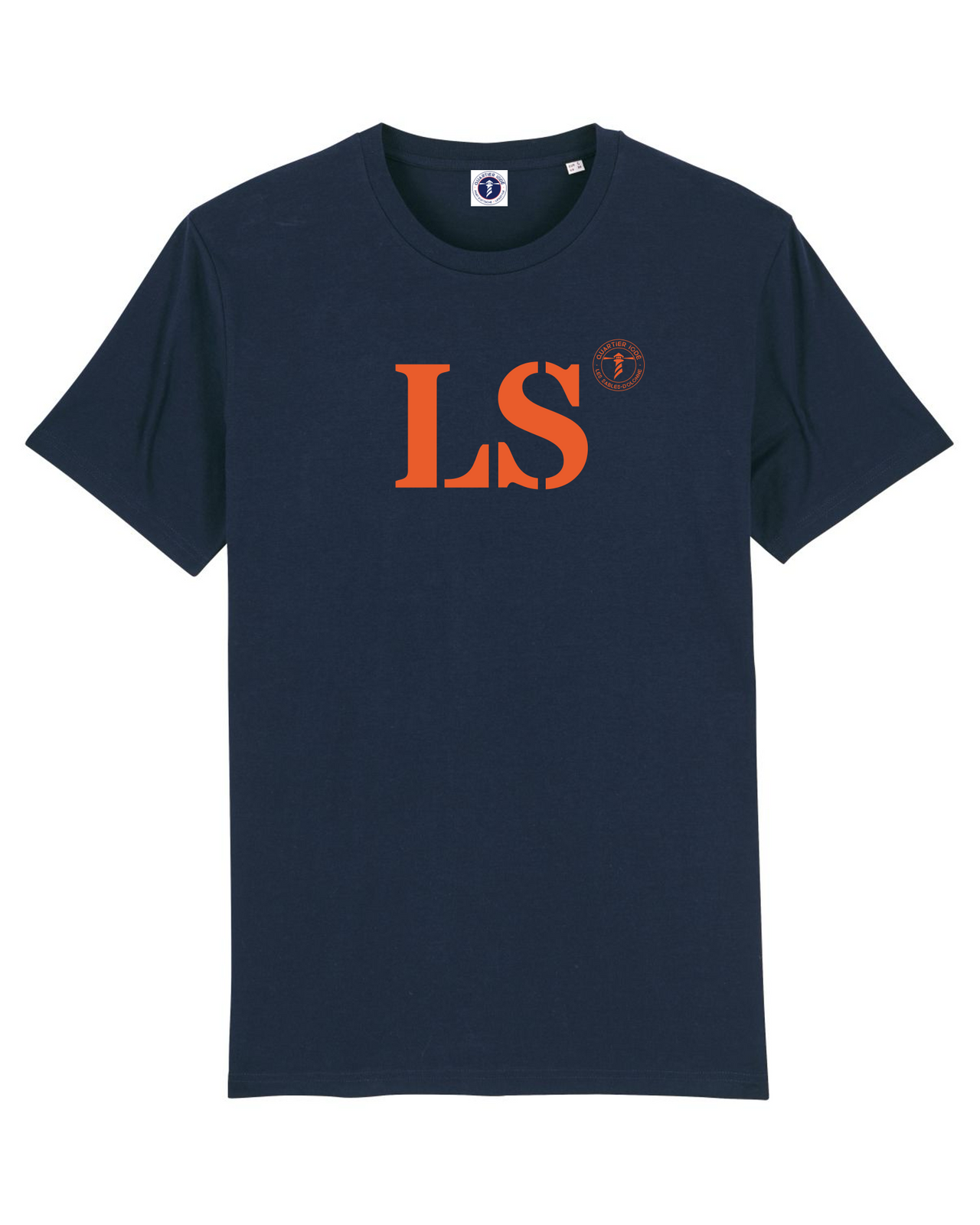 Quartier Iodé, Tshirt moderne LS pour Les Sables d'Olonne, hommes et femmes. Marine et Orange. Collection mon quartier maritime.