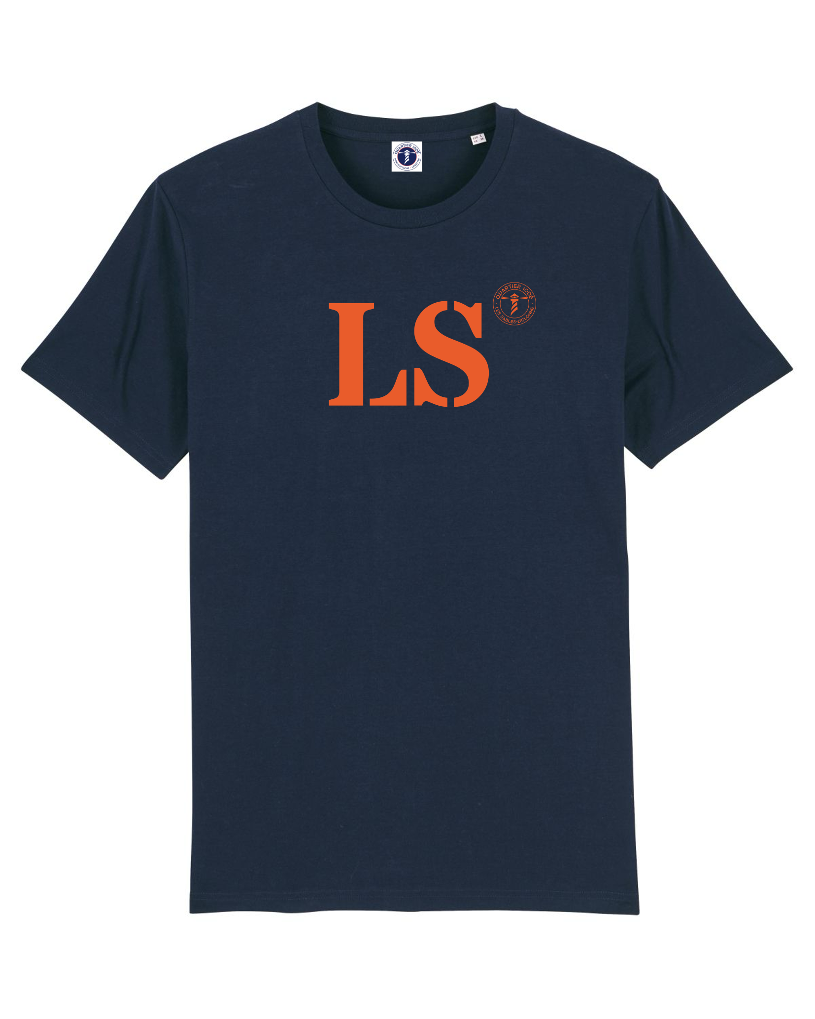 Quartier Iodé, Tshirt moderne LS pour Les Sables d'Olonne, hommes et femmes. Marine et Orange. Collection mon quartier maritime.