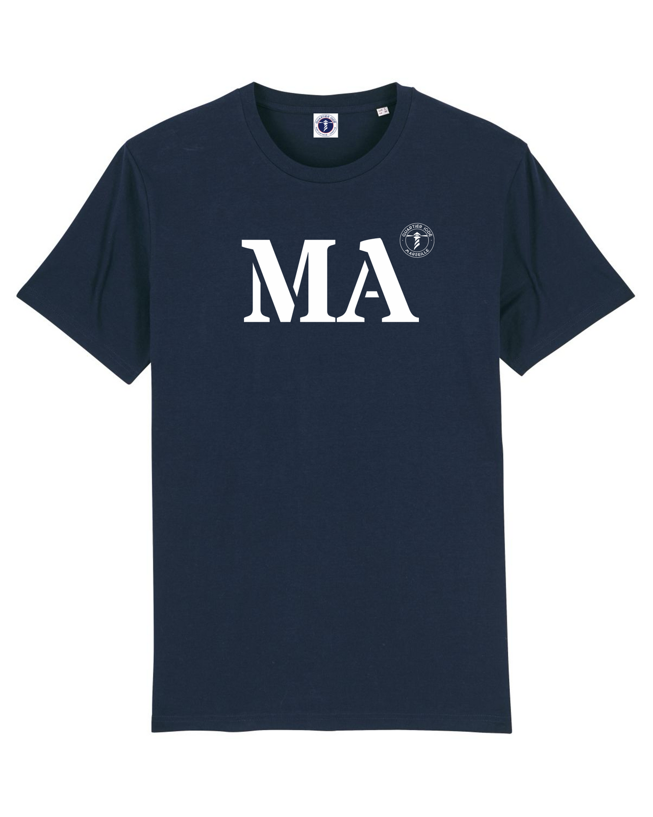 Quartier iodé, Tshirt moderne MA pour Marseille, Hommes et femmes. Bleu et blanc en coton bio. Collection mon quartier maritime.