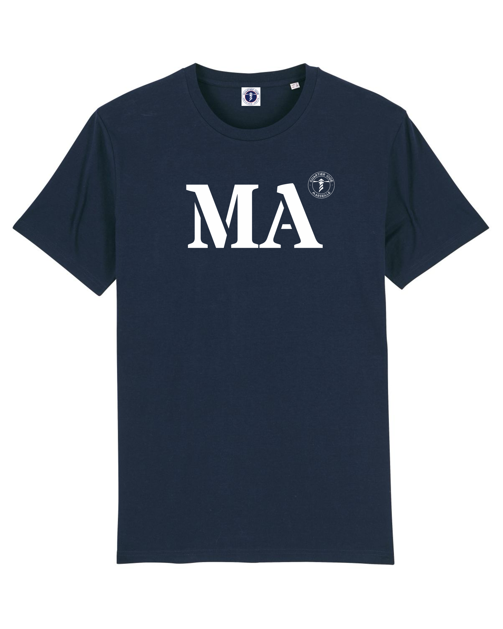 Quartier iodé, Tshirt moderne MA pour Marseille, Hommes et femmes. Bleu et blanc en coton bio. Collection mon quartier maritime.