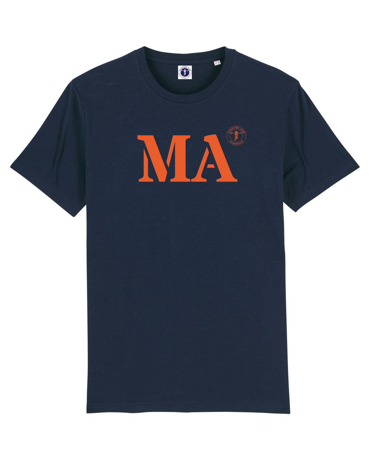 Quartier Iodé, Tshirt moderne MA pour Marseille, Hommes et femmes. Marine et Orange. Collection mon quartier maritime.