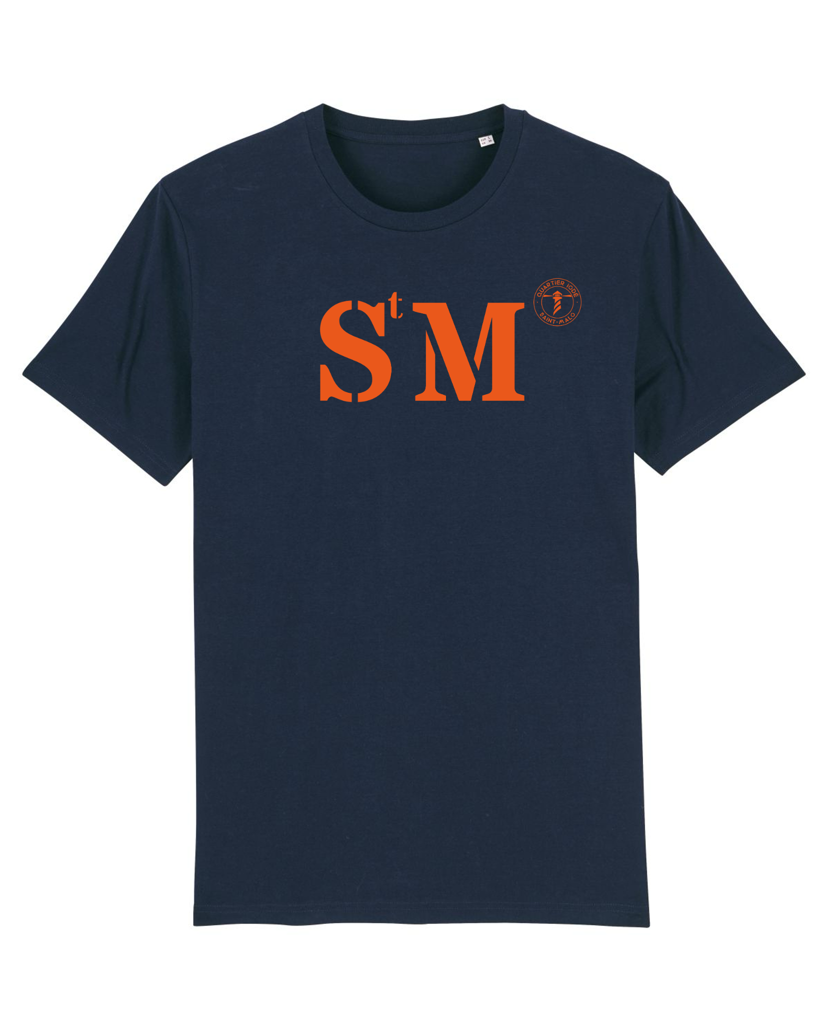 Tshirt navy, bleu marine avec initiale SM pour Saint Malo en Orange. Design chic et moderne pour ce Tshirt unisexe de la marque bretonne Quartier Iode. 