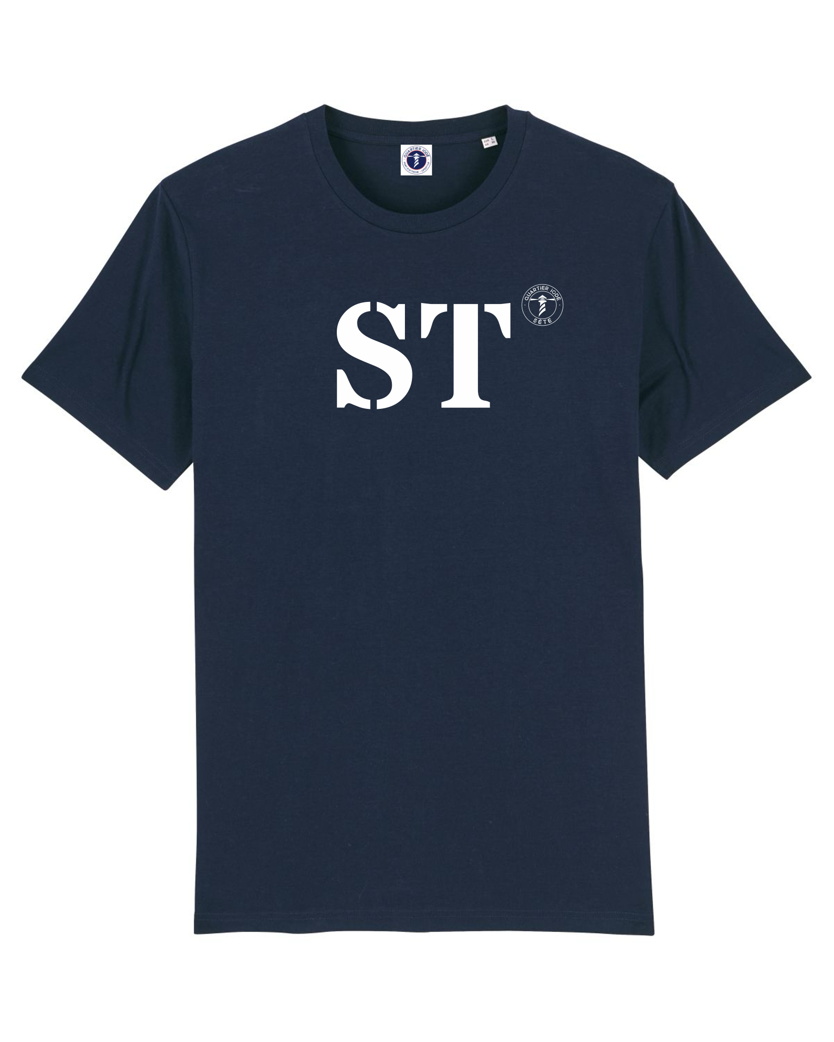 Quartier Iodé, Tshirt moderne ST pour Sète, Hommes et femmes. Marine et blanc en coton bio. Collection mon quartier maritime.