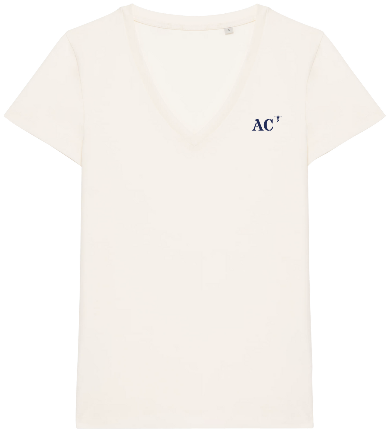 T shirt Femme col V AC Arcachon  Beige  broderie Bleu Marine - Quartier iodé 