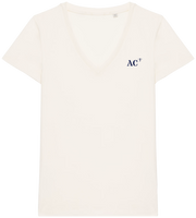 T shirt Femme col V AC Arcachon  Beige  broderie Bleu Marine - Quartier iodé 