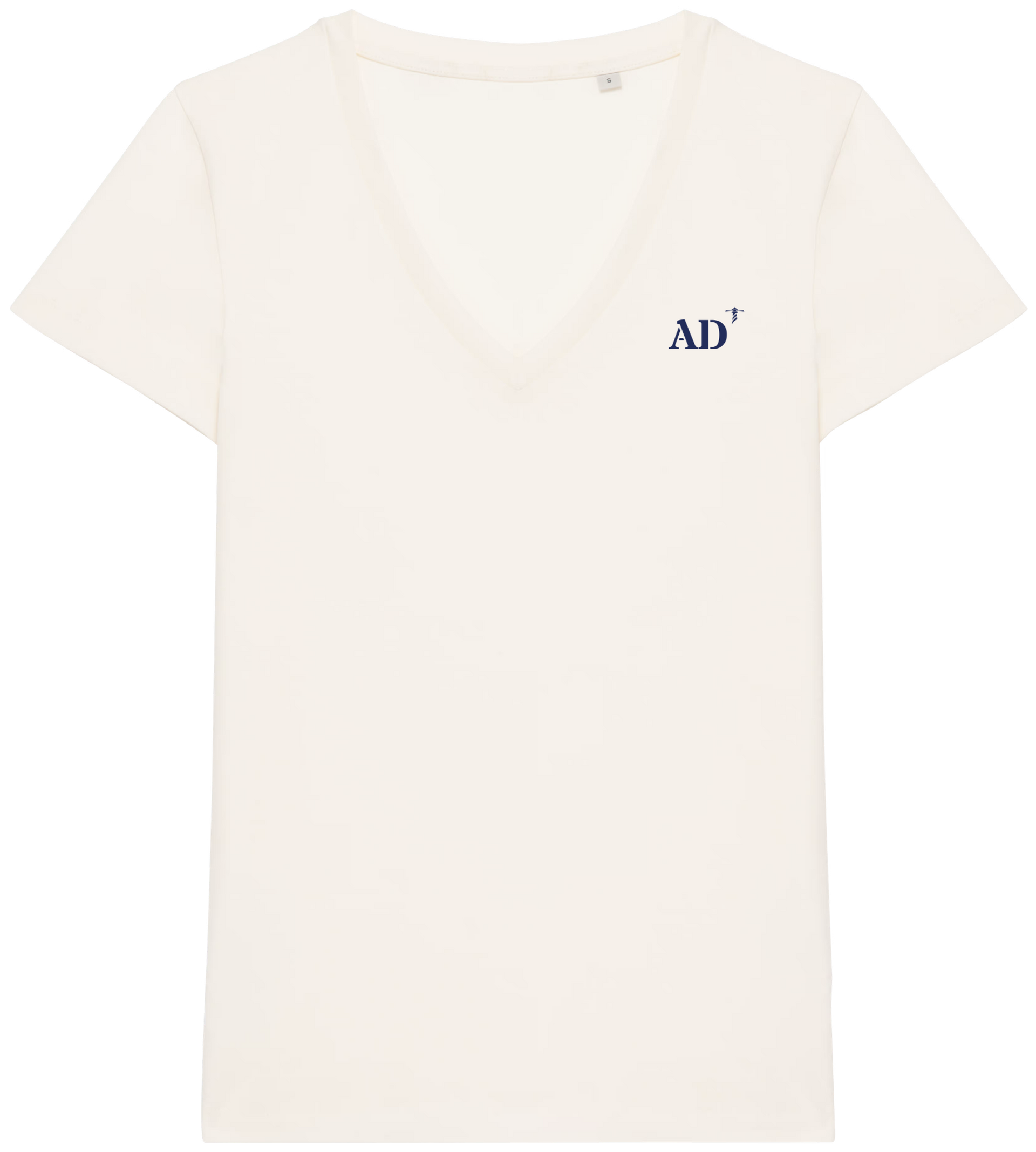 T shirt Femme col V AD Audierne  Beige  broderie Bleu Marine - Quartier iodé 