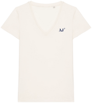 T shirt Femme col V AJ Ajaccio  Beige  broderie Bleu Marine - Quartier iodé 