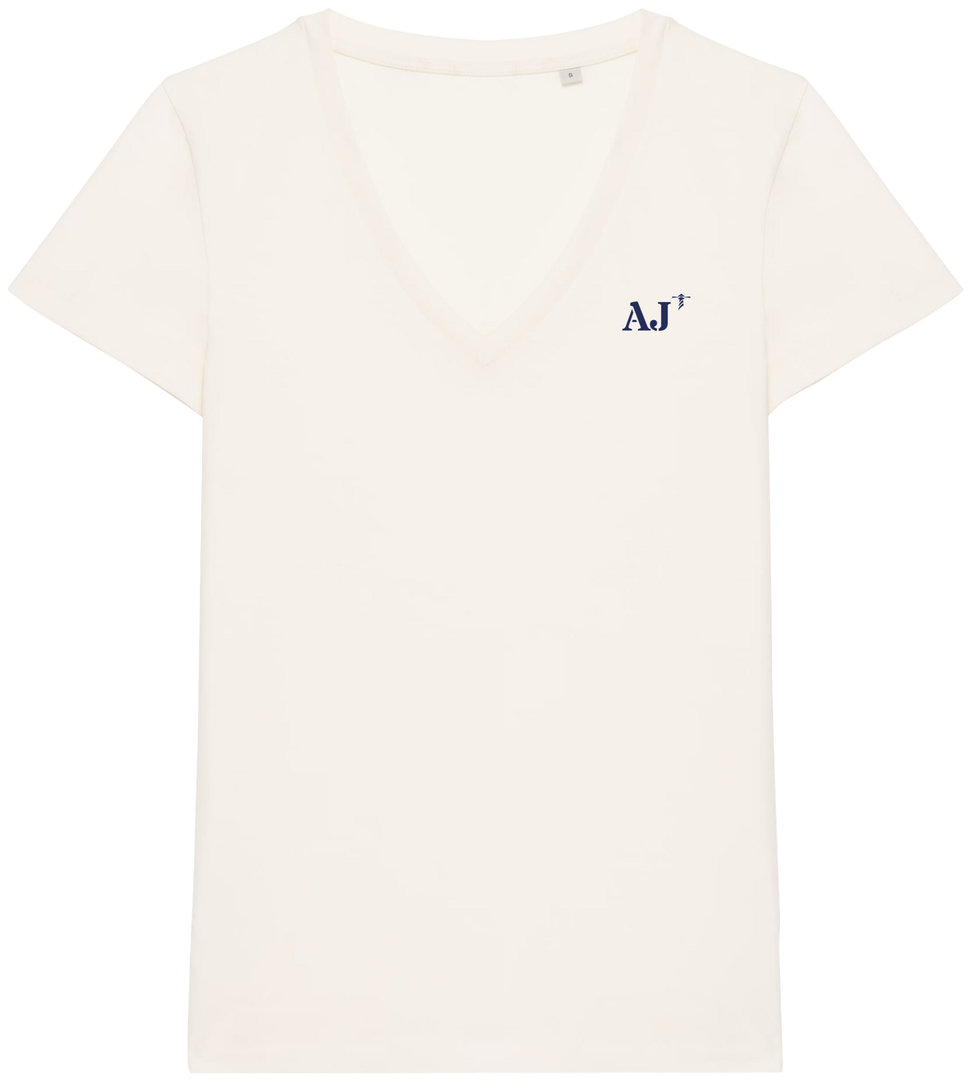 T shirt Femme col V AJ Ajaccio  Beige  broderie Bleu Marine - Quartier iodé 
