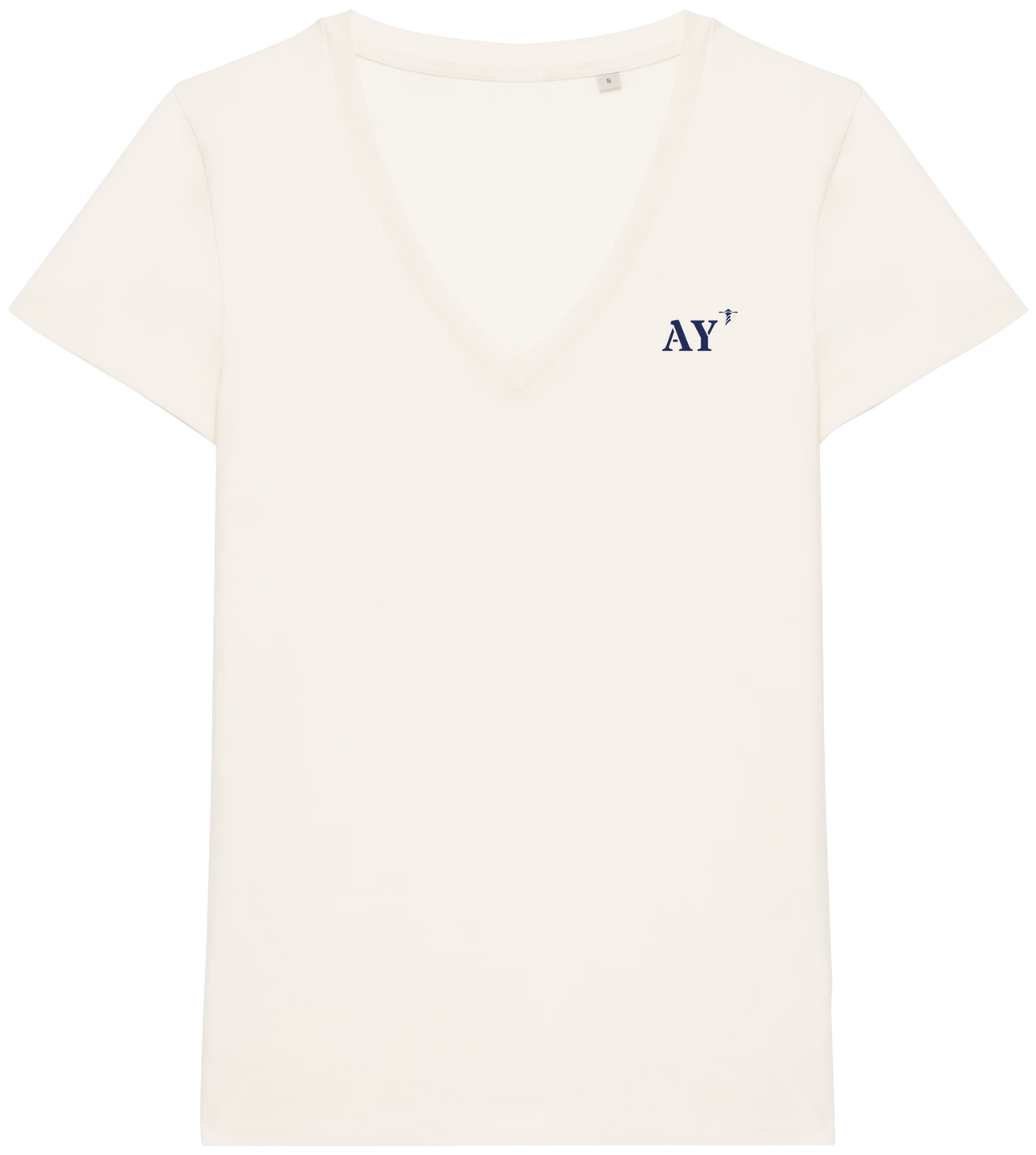T shirt Femme col V AY Auray  Beige  broderie Bleu Marine - Quartier iodé 