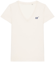 T shirt Femme col V AY Auray  Beige  broderie Bleu Marine - Quartier iodé 