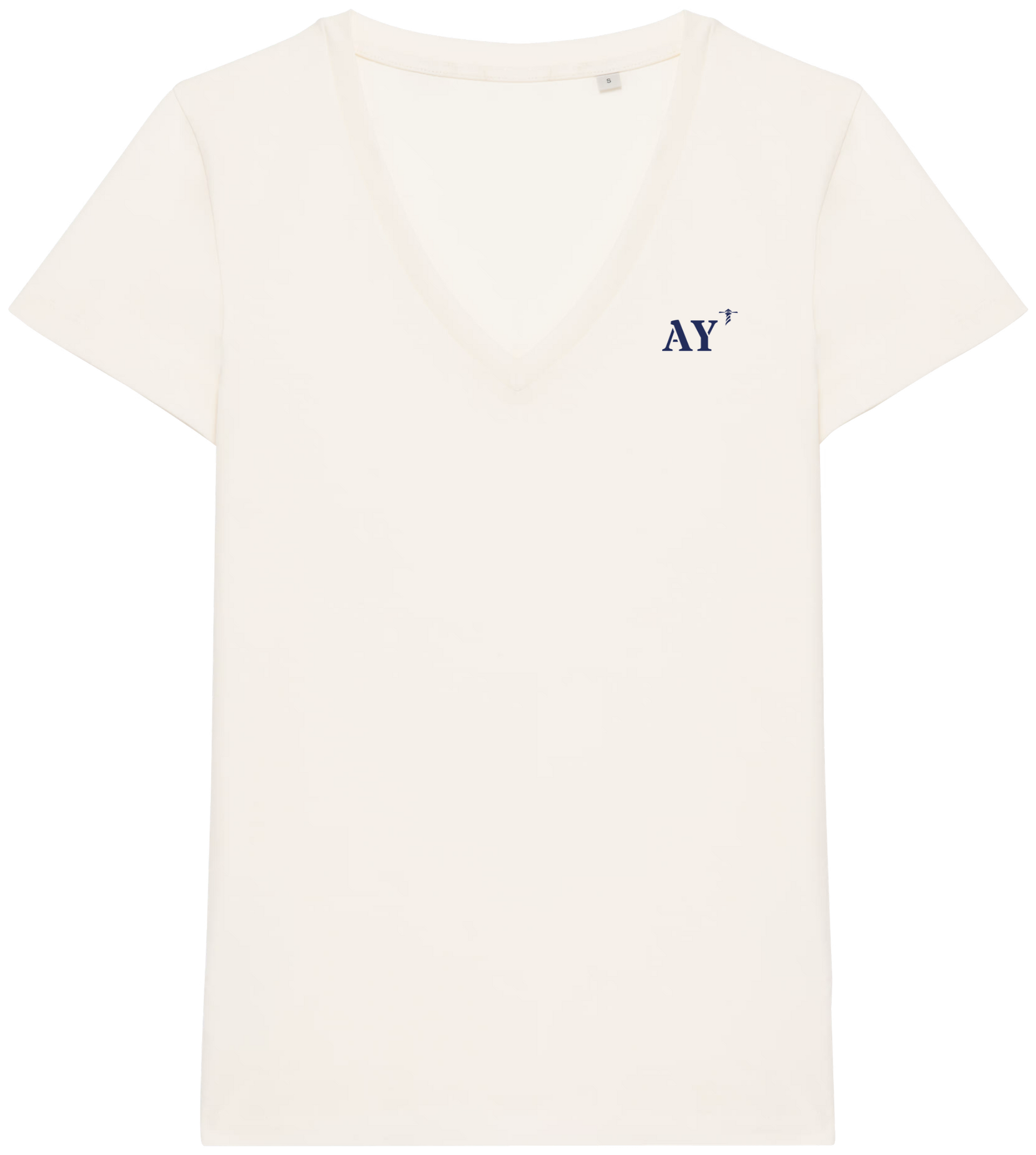 T shirt Femme col V AY Auray  Beige  broderie Bleu Marine - Quartier iodé 
