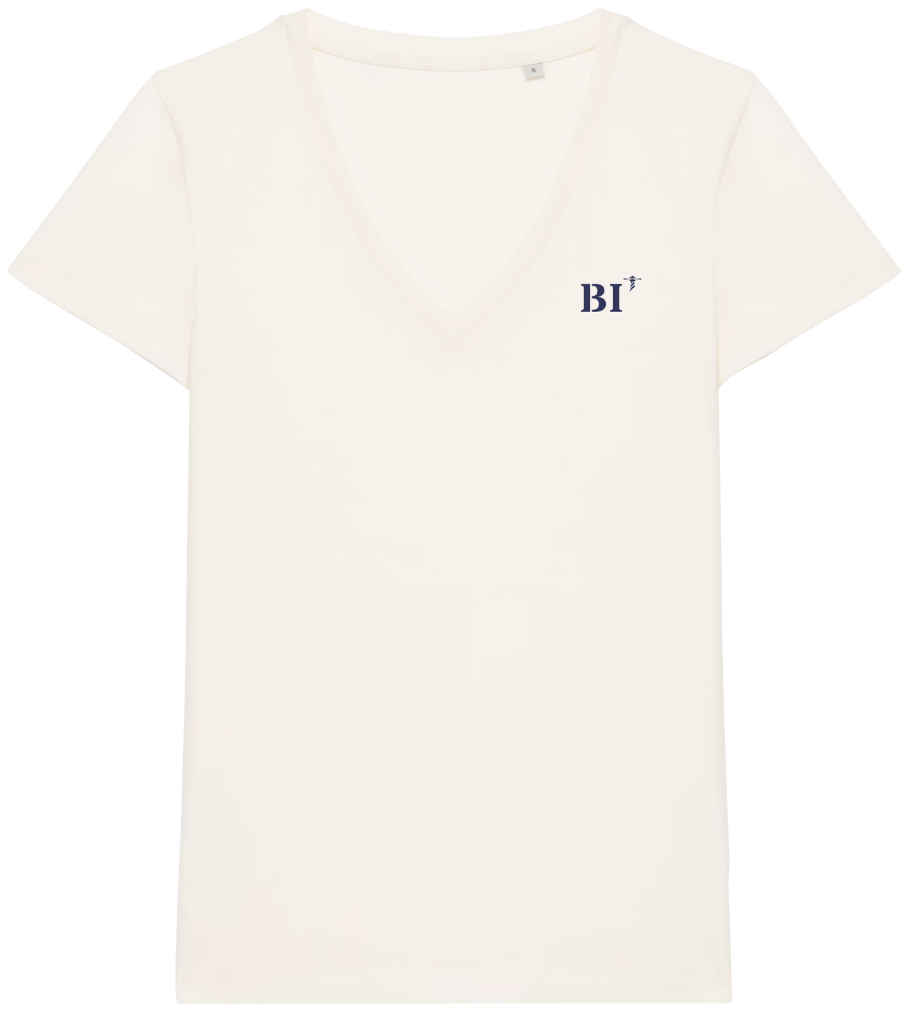 T shirt Femme col V BI Bastia Beige  broderie Bleu Marine - Quartier iodé 