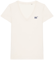 T shirt Femme col V BI Bastia Beige  broderie Bleu Marine - Quartier iodé 
