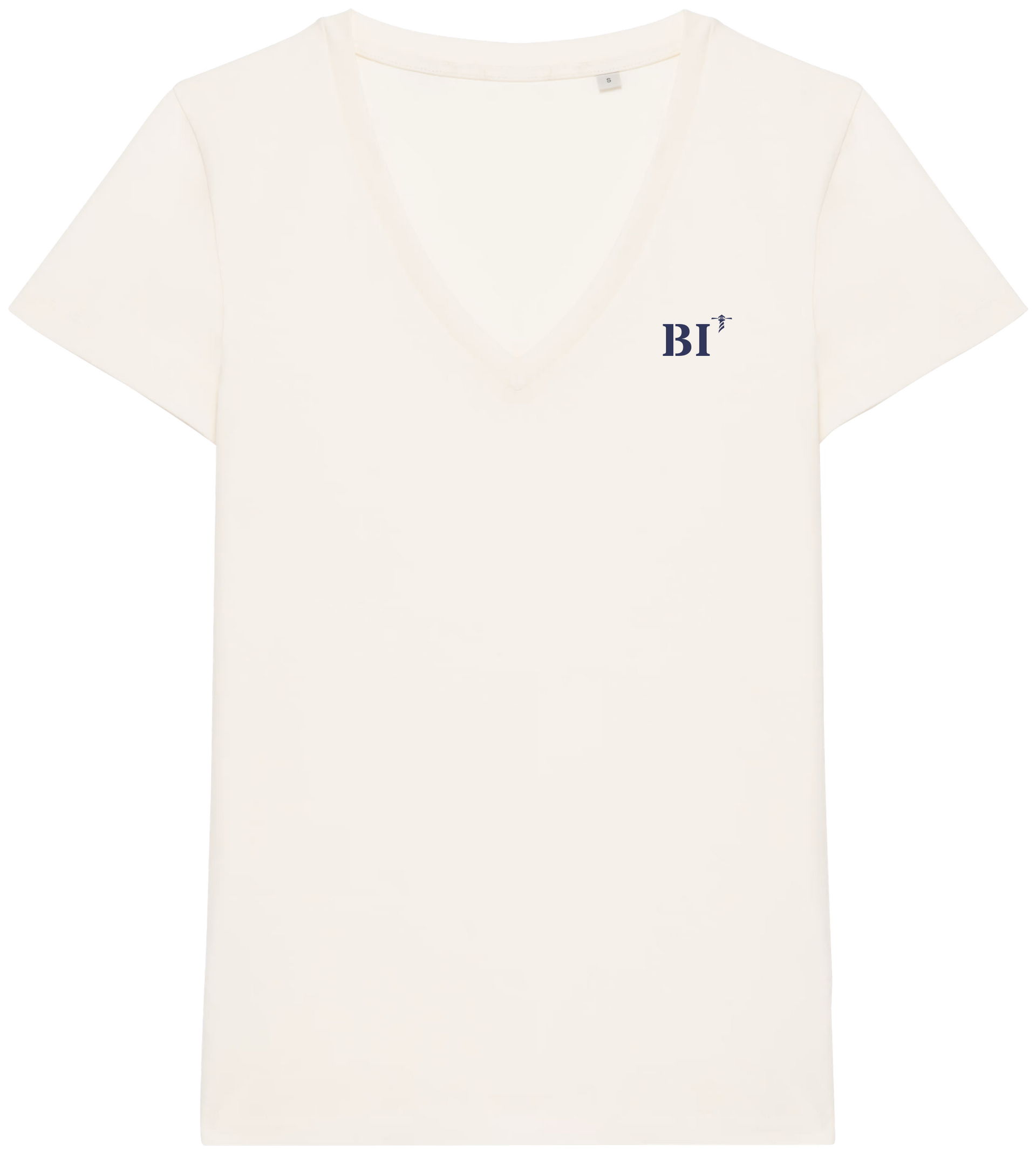 T shirt Femme col V BI Bastia Beige  broderie Bleu Marine - Quartier iodé 