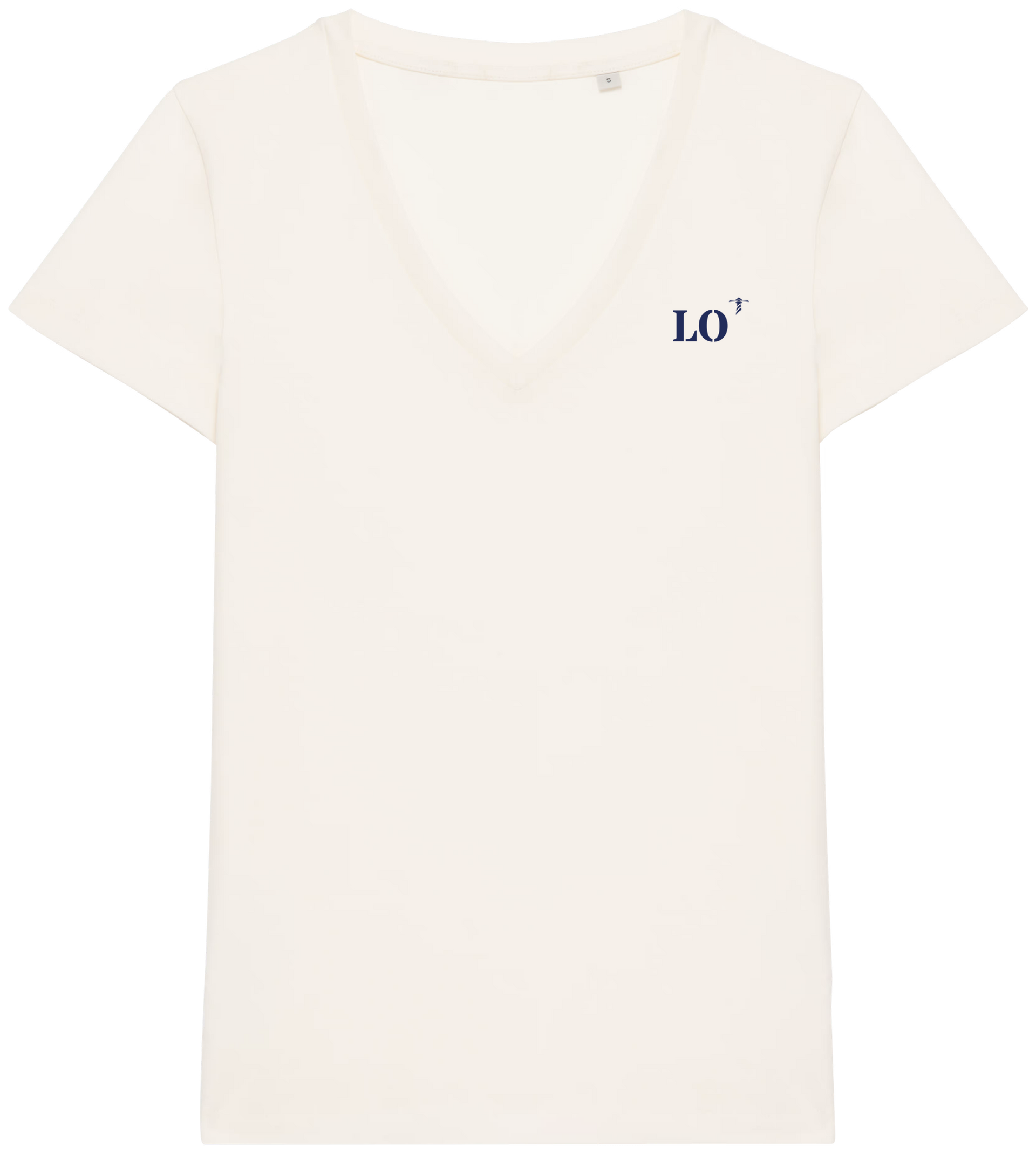 T shirt Femme col V Beige broderie Bleu Marine - Quartier iodé 