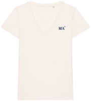 T-shirt Femme Col V brodé Marseille MA Beige et Bleu Marine - Quartier iodé