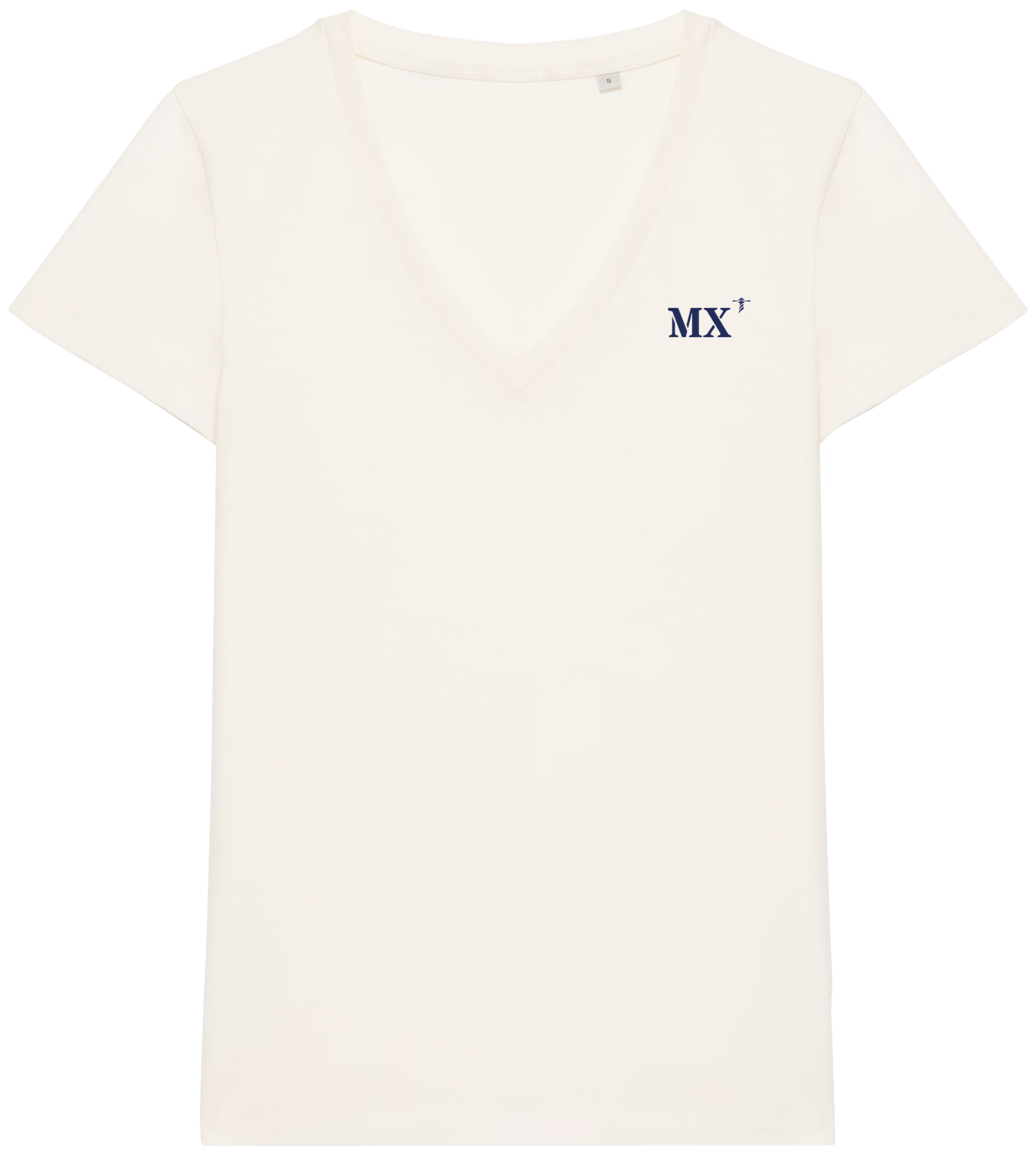 T-shirt femme col V brodé Morlaix MX Beige et Bleu Marine - Quartier iodé