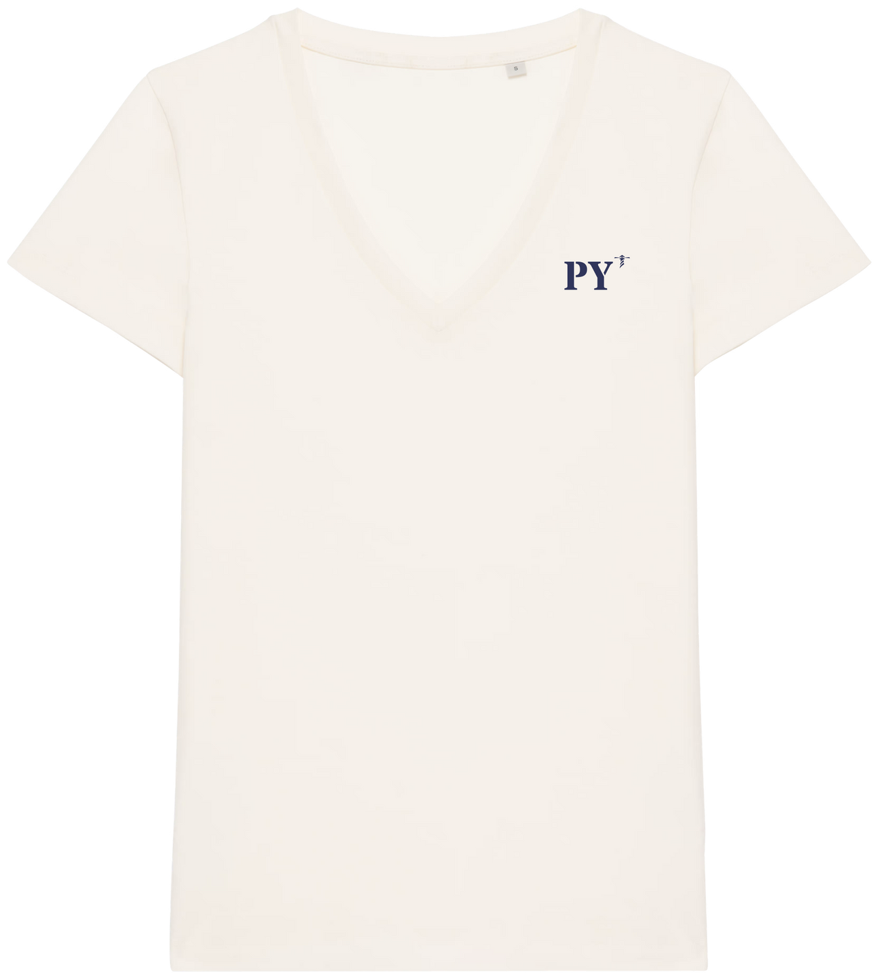T-shirt col v femme brodé Papeete PY Beige et Bleu Marine - Quartier iodé