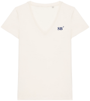 T-shirt femme Col V brodé SB Saint Brieuc Beige et Bleu Marine - Quartier iodé