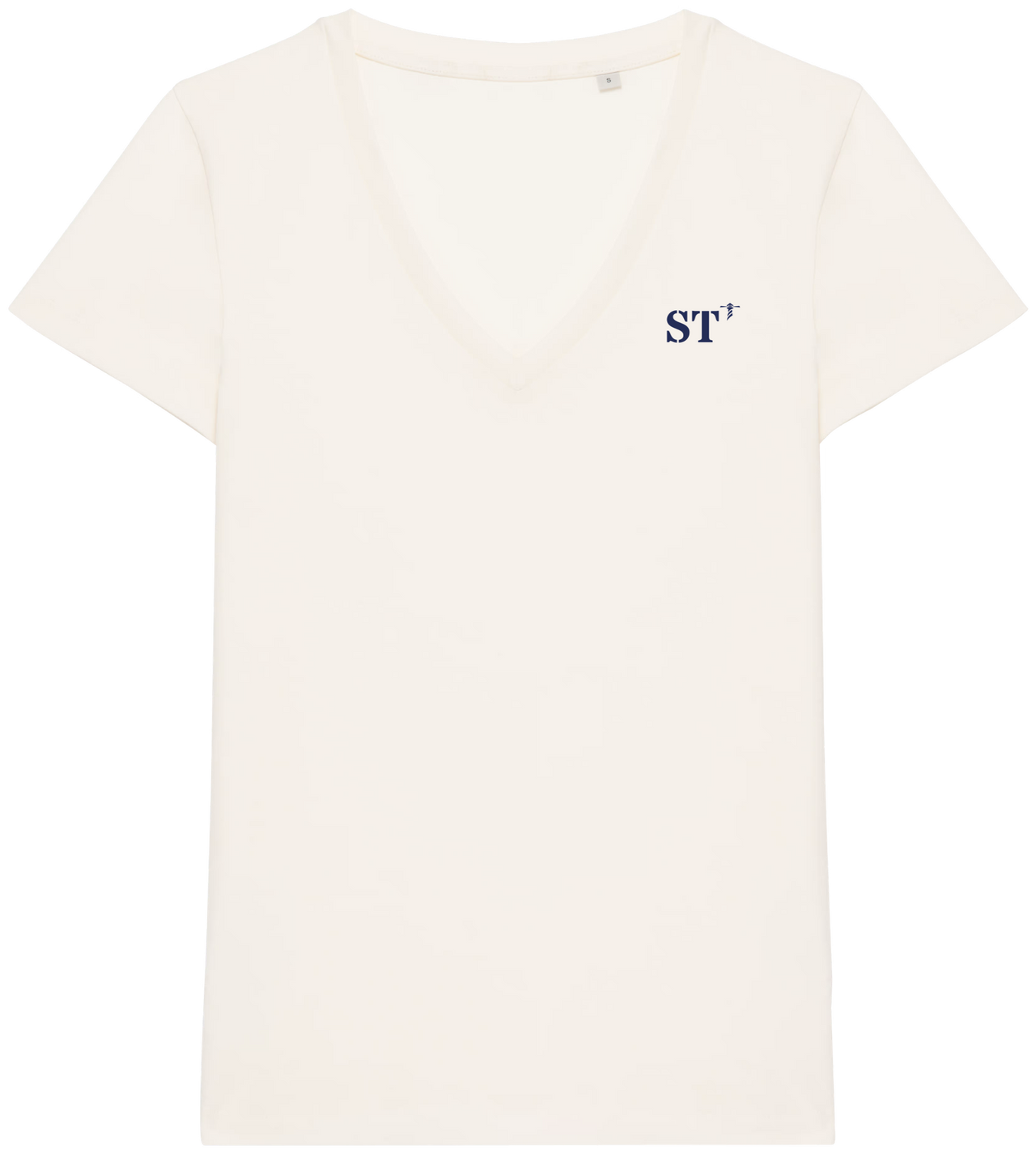 T-shirt femme col v brodé Sète ST Beige et Bleu Marine - Quartier iodé