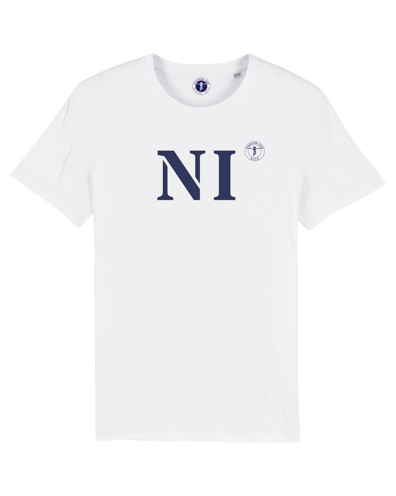 Tshirt original de Nice. Hommes et femmes. Blanc et Bleu en coton bio. Collection mon quartier maritime.