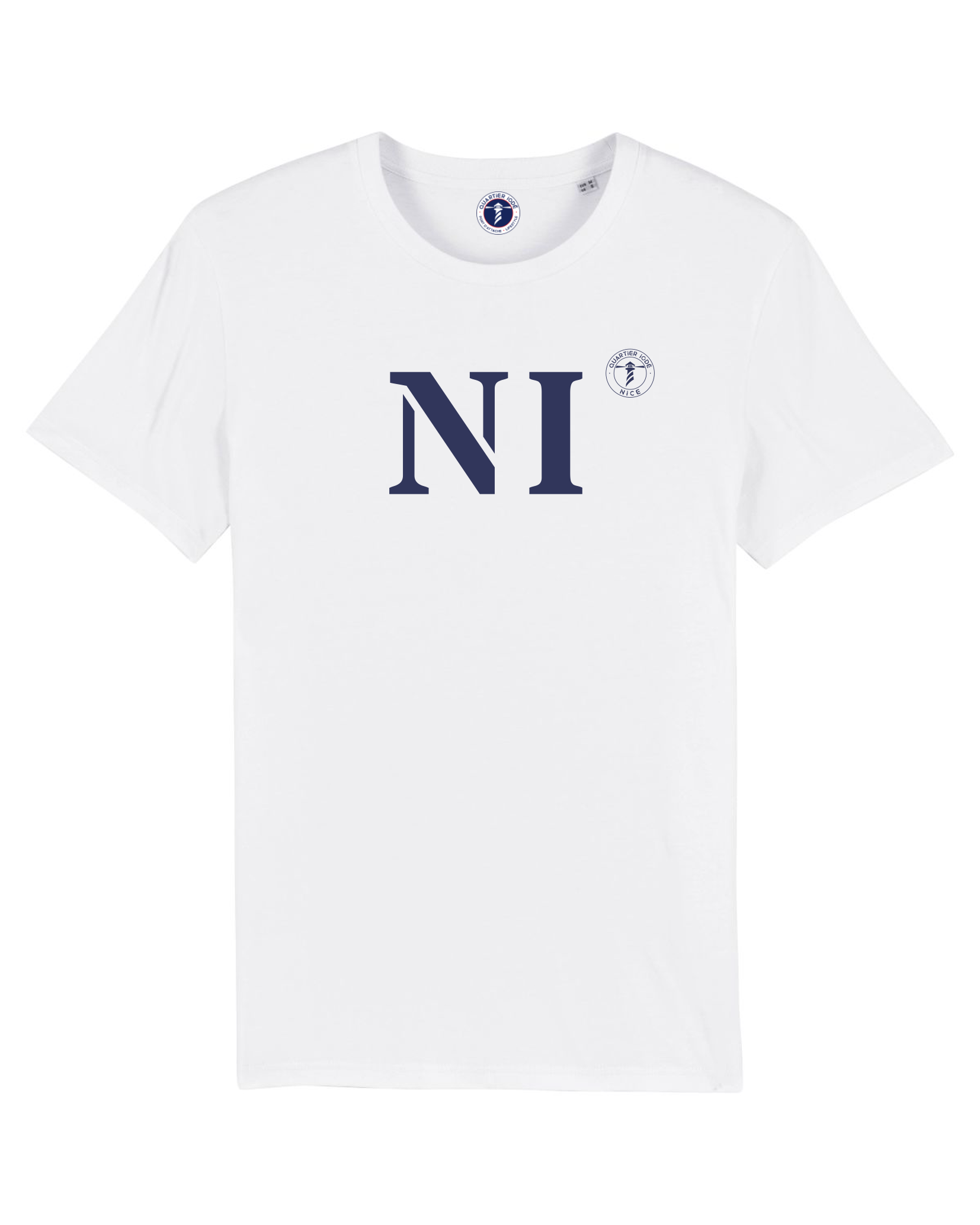 Tshirt original de Nice. Hommes et femmes. Blanc et Bleu en coton bio. Collection mon quartier maritime.