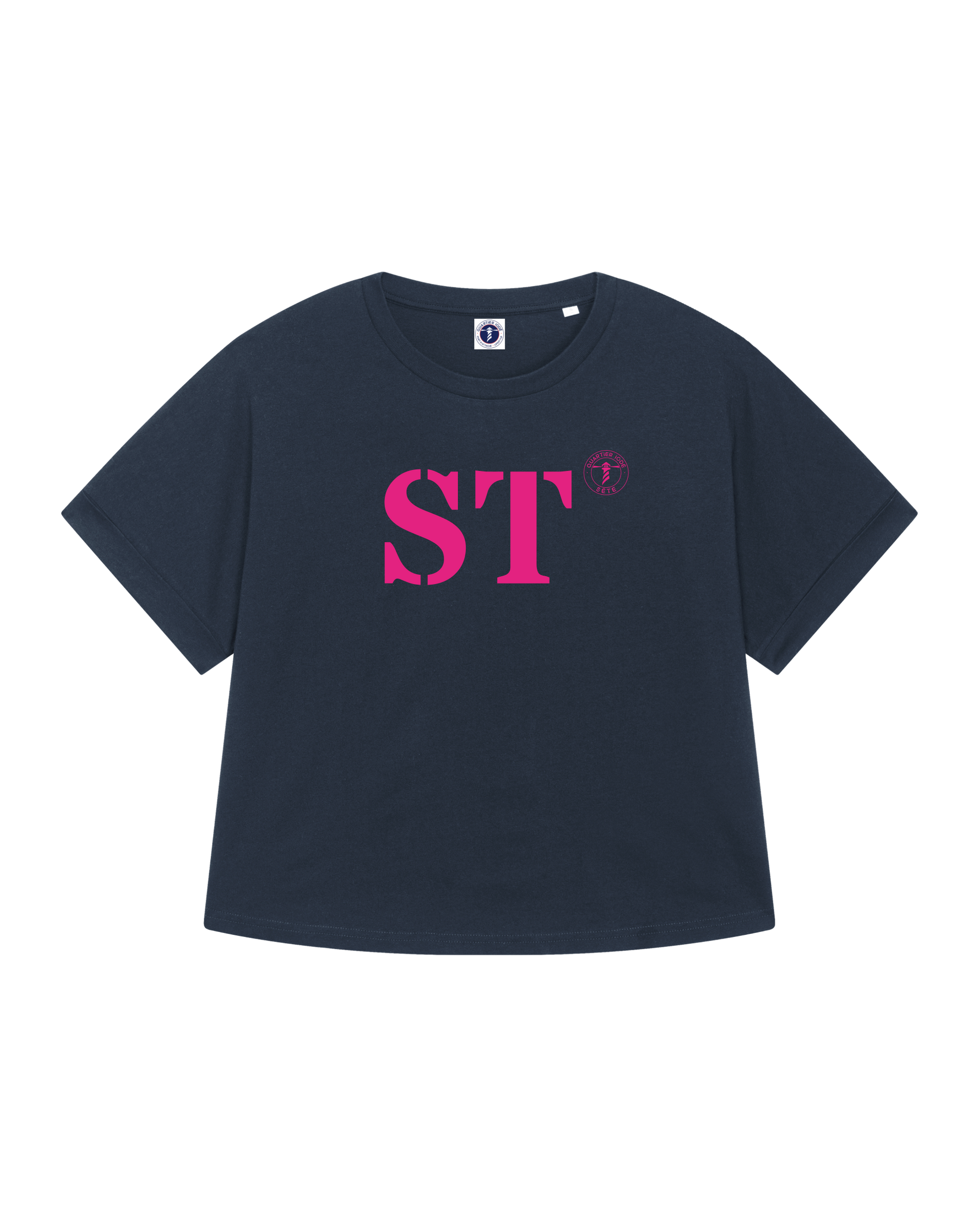 Tshirt Oversized bleu rose, de la marque Quartier iodé. Imprimé ST pour Sète. Idéal pour femme, style chic décontracté.