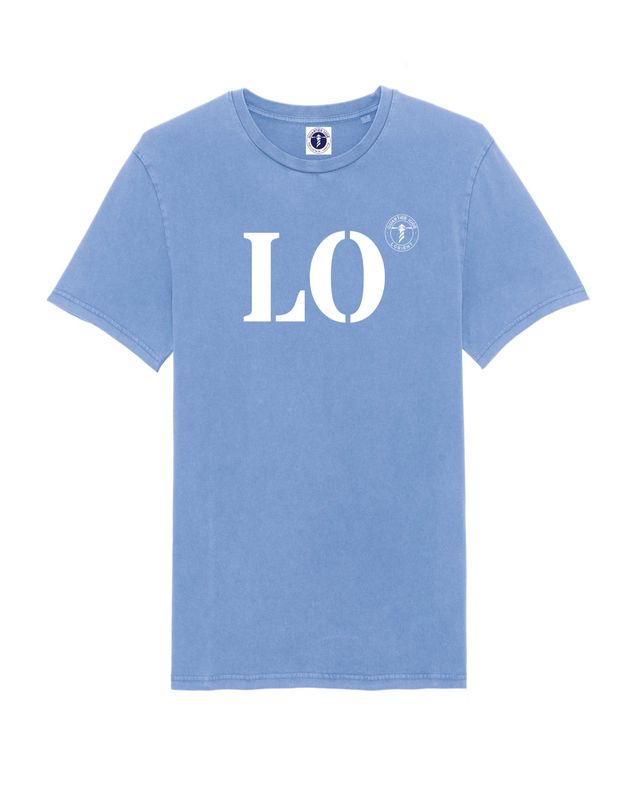 Quartier iodé, tshirt lorient bleu ciel, avec les initiale du port breton LO. Pour hommes et femmes.