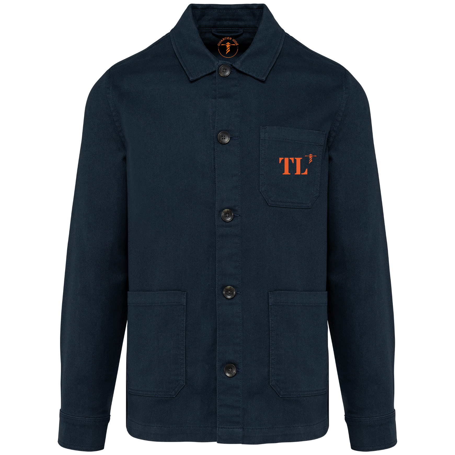 Veste worker Toulon bleu marine avec broderie TL sur la poitrine de chez Quartier iodé.