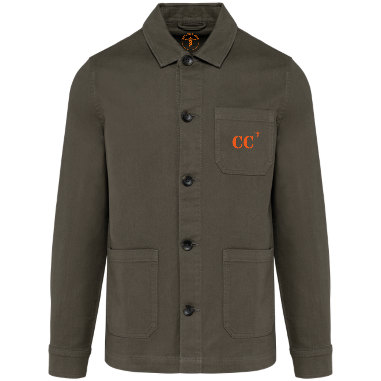 Veste worker kaki Concarneau CC brodé en orange par Quartier iodé