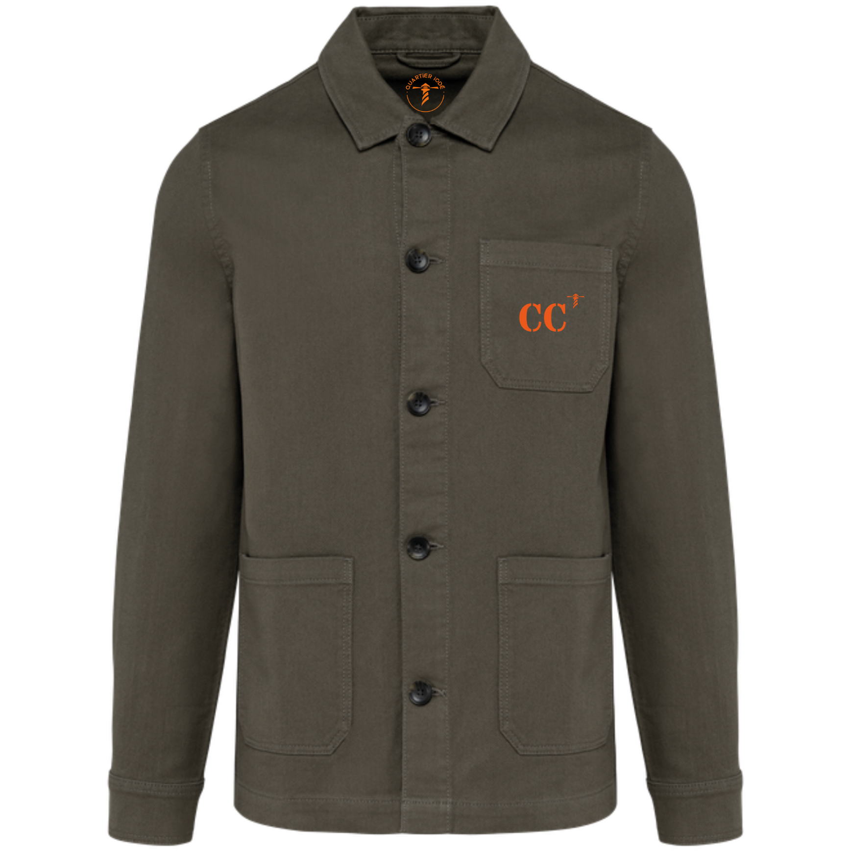 Veste worker kaki Concarneau CC brodé en orange par Quartier iodé