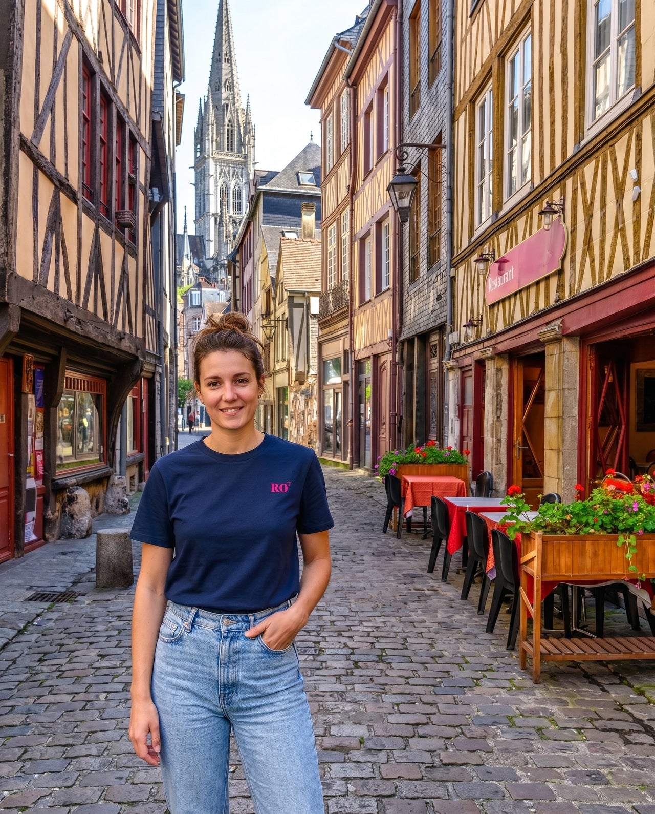 T-shirt brodé Rouen RO Bleu Marine et Rose - Femme